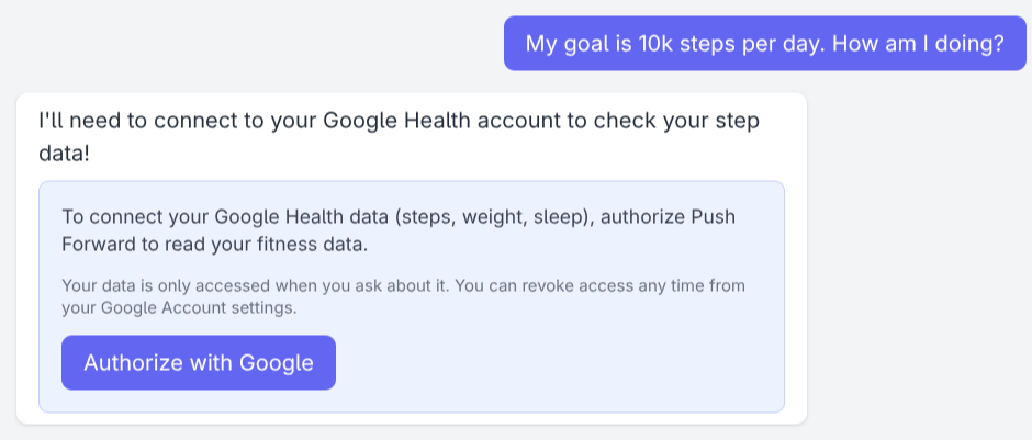 A chat message with an Authorize with Google button that launches the Google Health OAuth consent flow.