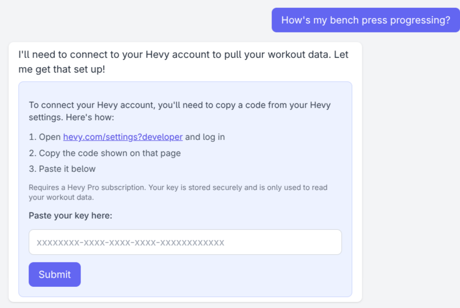A form field in the chat asking for the user's Hevy API key, with a Submit button.