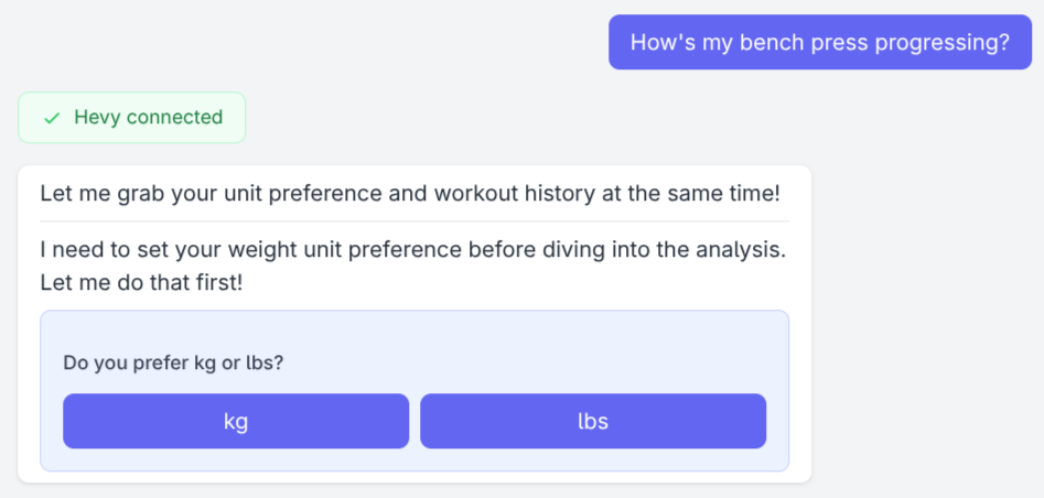 The agent's weight-unit question rendered as two buttons labeled kg and lbs.